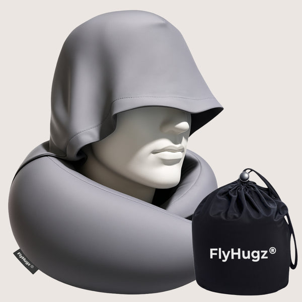 FlyHugz 2.0 hooded travel pillow in Premium Gray with blackout hood