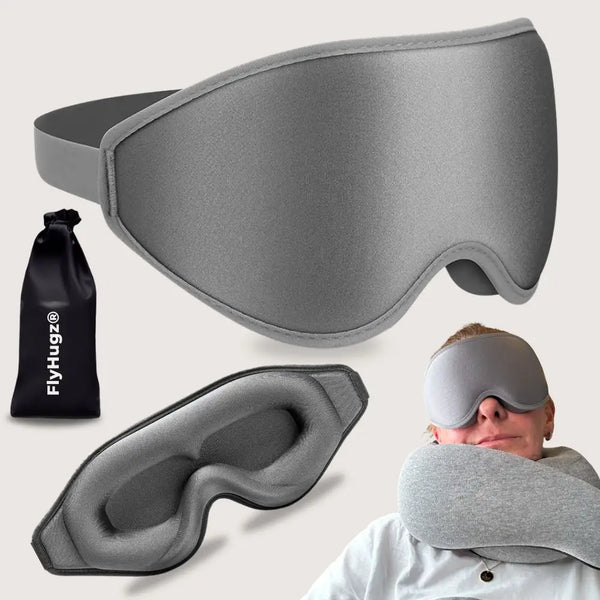 FlyHugz travel sleep mask in Premium Gray — contoured blackout eye mask