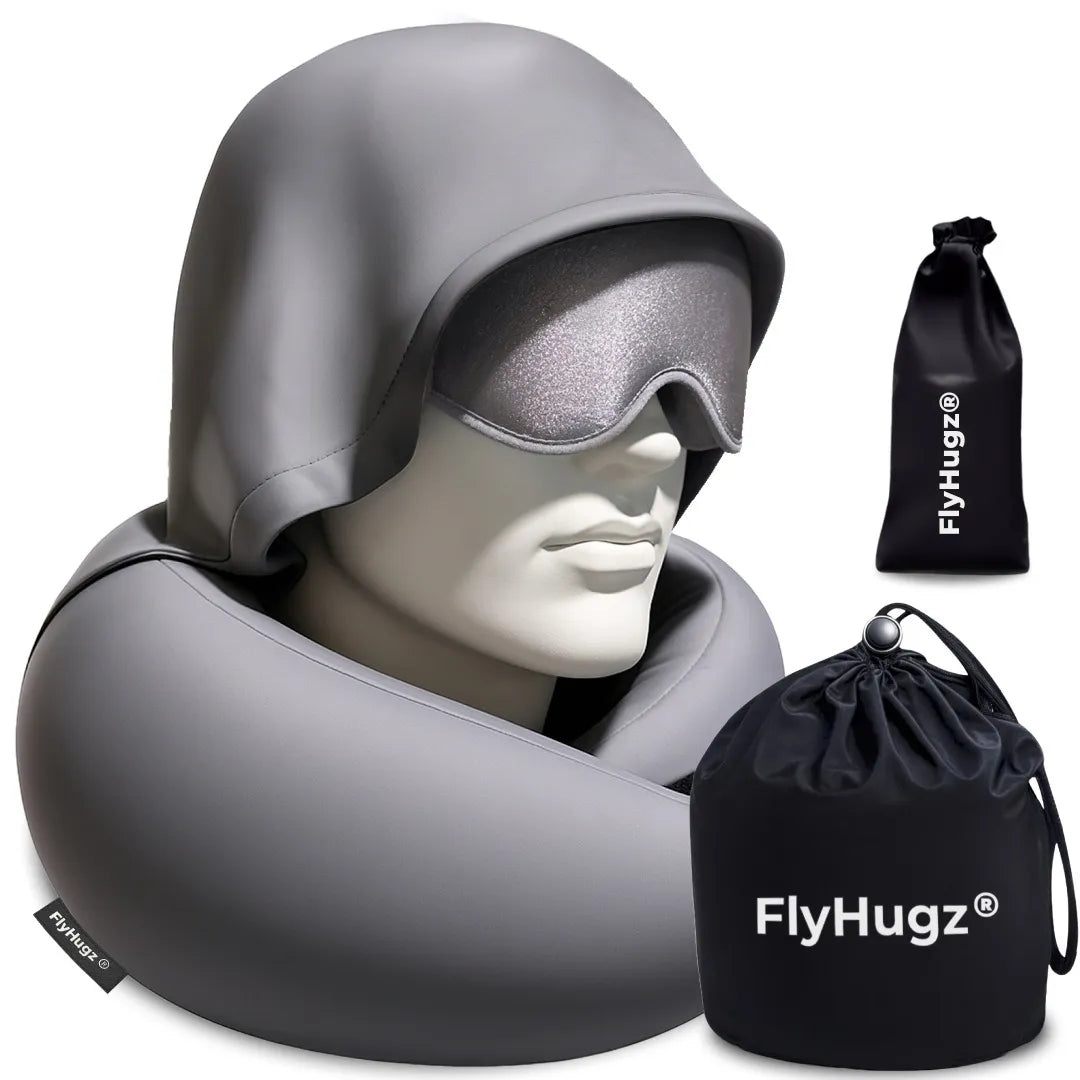 FlyHugz 2.0 gray hooded travel pillow with gray sleep mask