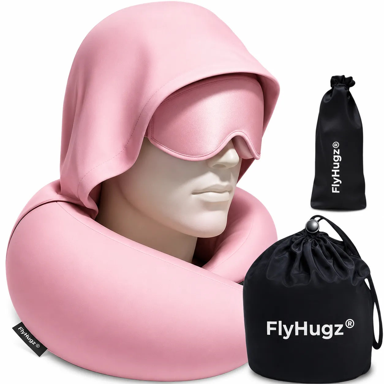 FlyHugz 2.0 pink hooded travel pillow with pink sleep mask