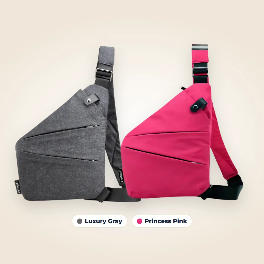 The FlyHugz Anti-Theft Bag in Luxury Gray and Princess Pink