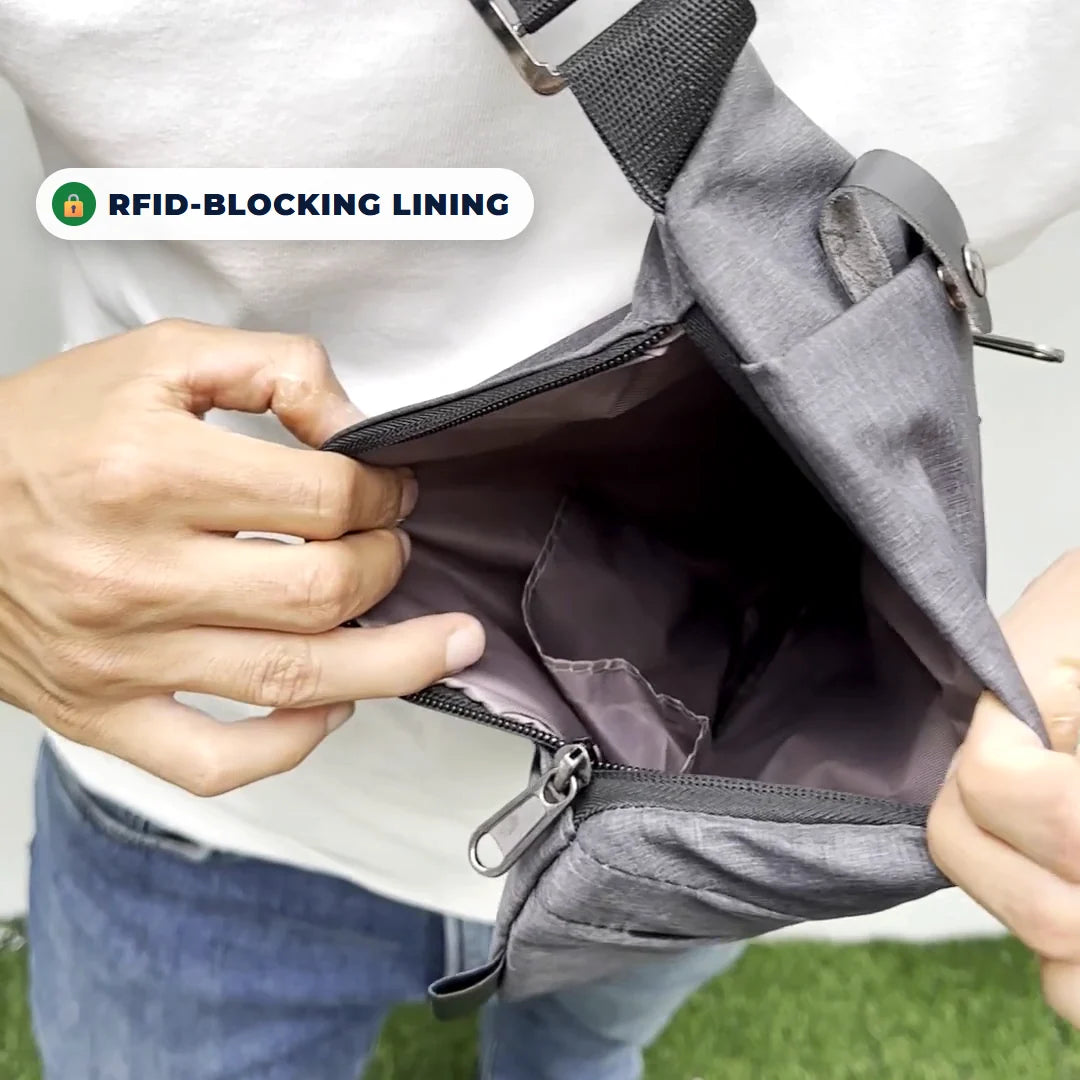 The FlyHugz Anti-Theft Bag open on its RFID-blocking lined pocket