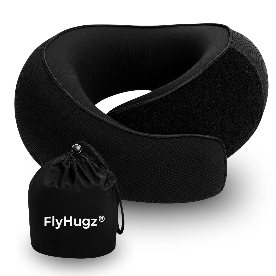 FlyHugz travel pillow in Midnight Black with travel bag